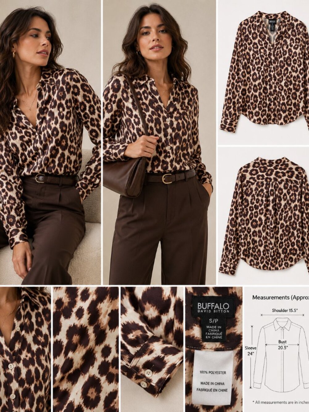 Buffalo David Bitton Leopard Print Tie Neck Blouse NWT Silky Crepe Size Small - Picture 5 of 6